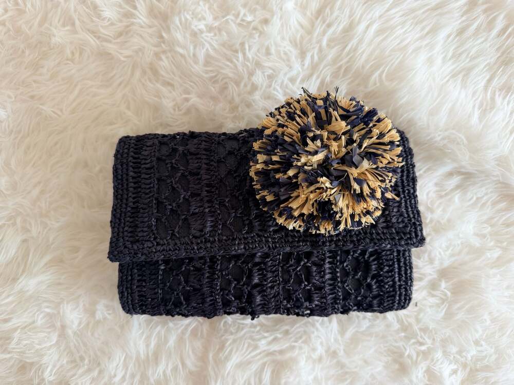 Mar Y Sol Navy Raffia Woven Clutch with Pom Pom
